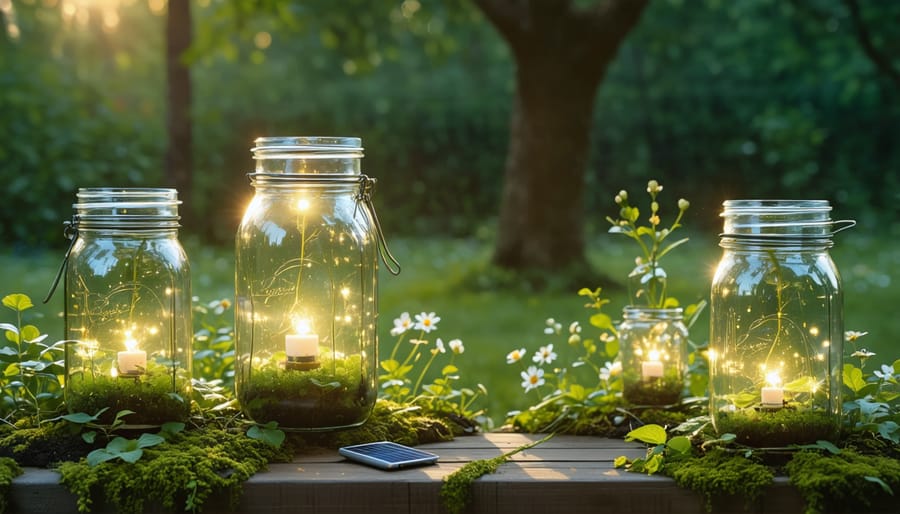 Overhead view of solar light components including mason jars, solar lids, batteries, and LED bulbs on wooden surface