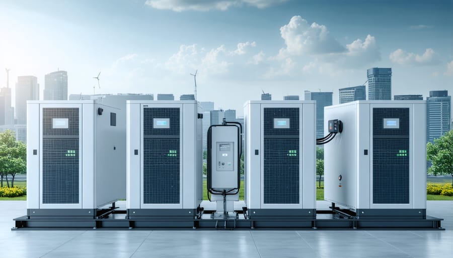 Close-up of lithium battery cells with connecting bus bars in energy storage system