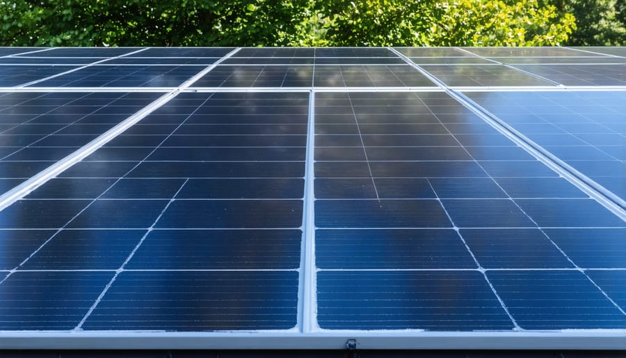 Solar panel owner documenting system condition with smartphone and notebook on rooftop