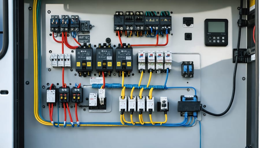 Motorhome electrical distribution panel showing circuit breakers and wiring