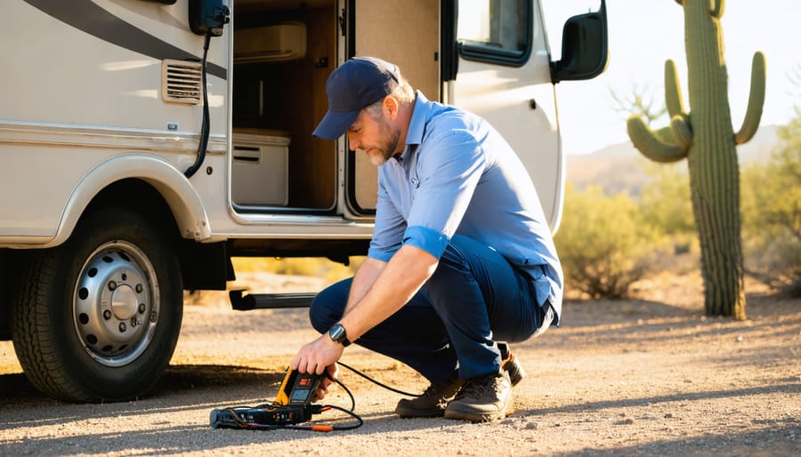 RV owner testing corroded battery terminals with a multimeter in an open electrical bay at a desert rest stop during golden hour, with solar panels on the roof and a coiled shore power cord blurred in the background.