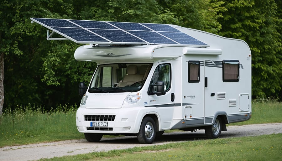Solar panels installed on motorhome roof against blue sky