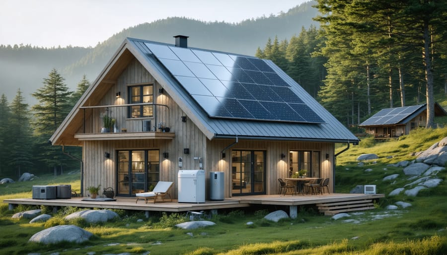 Off-grid cabin with solar panels illuminated at dusk in forest setting