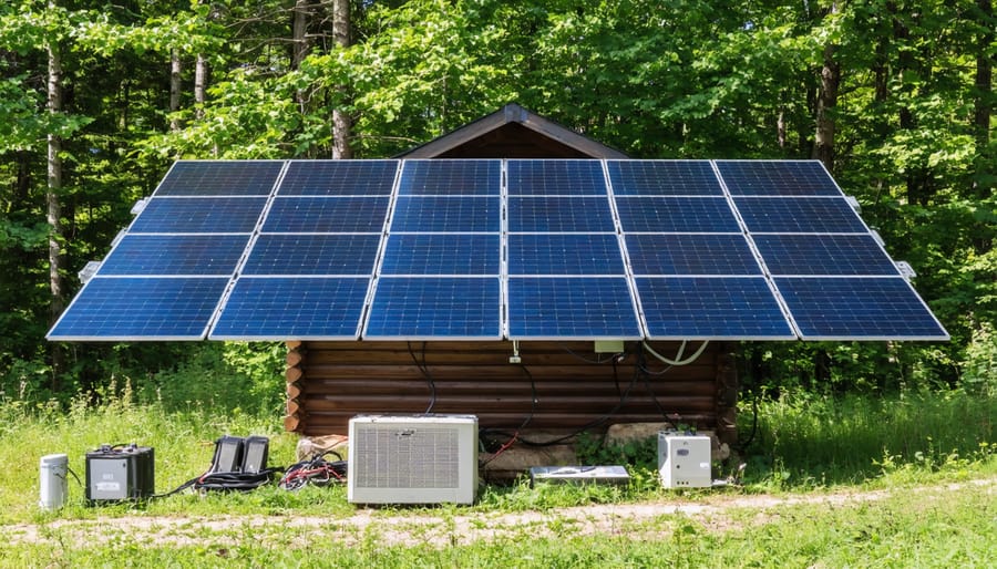 Off-grid solar setup with panels, charge controller, and battery storage on workbench