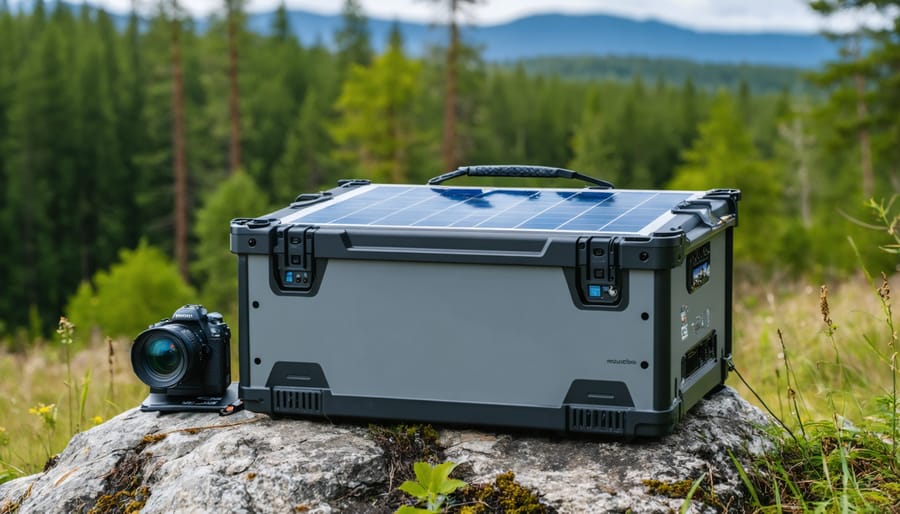 Portable solar power station with folding panels at campsite