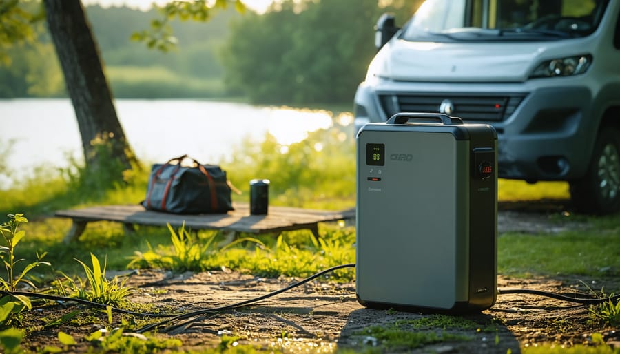Portable power station on picnic table at forest campsite with tent in background
