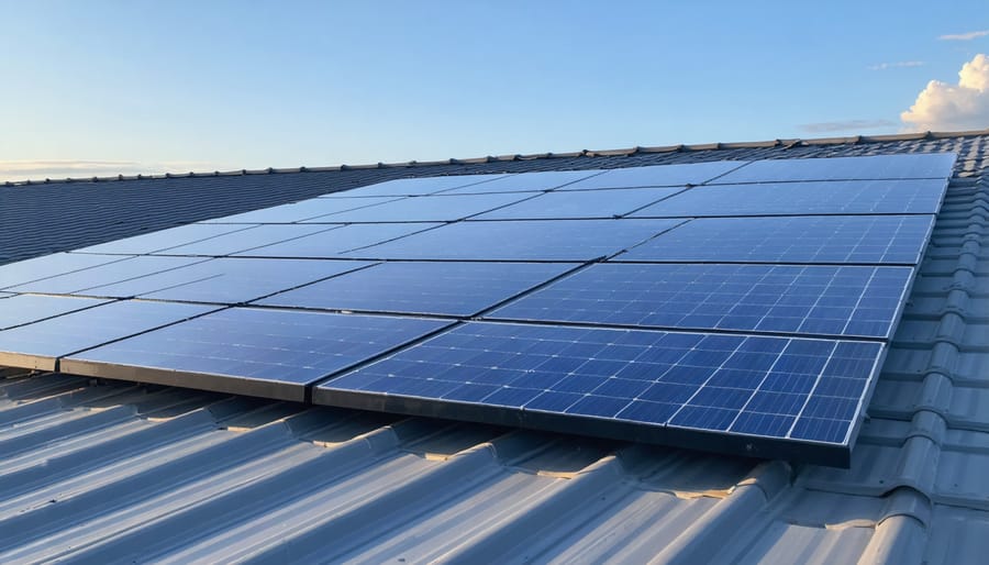 Solar panels installed on residential rooftop against blue sky