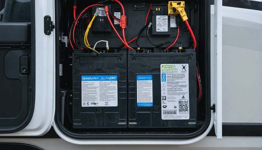 Close-up of hands connecting battery cables to RV battery terminals