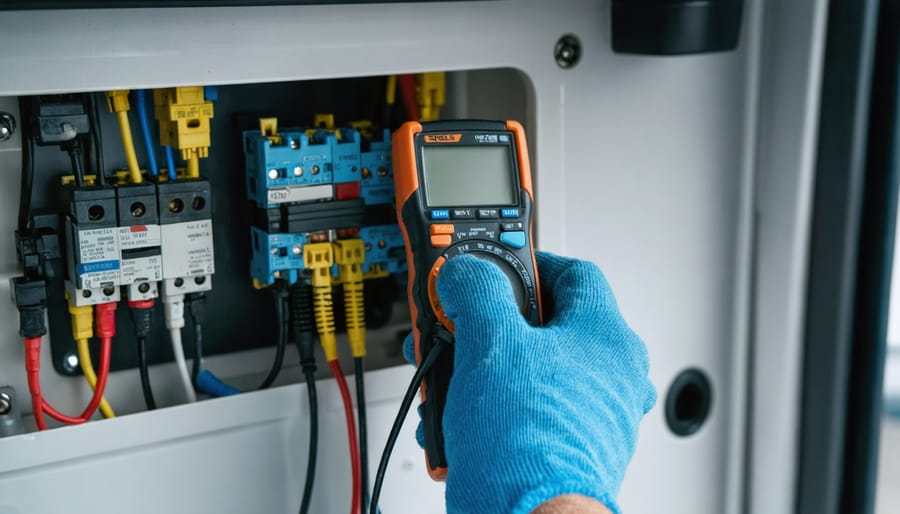 Gloved hands testing an open RV 120-volt breaker panel with a multimeter, soft daylight, blurred RV kitchen with microwave and AC vent in the background.
