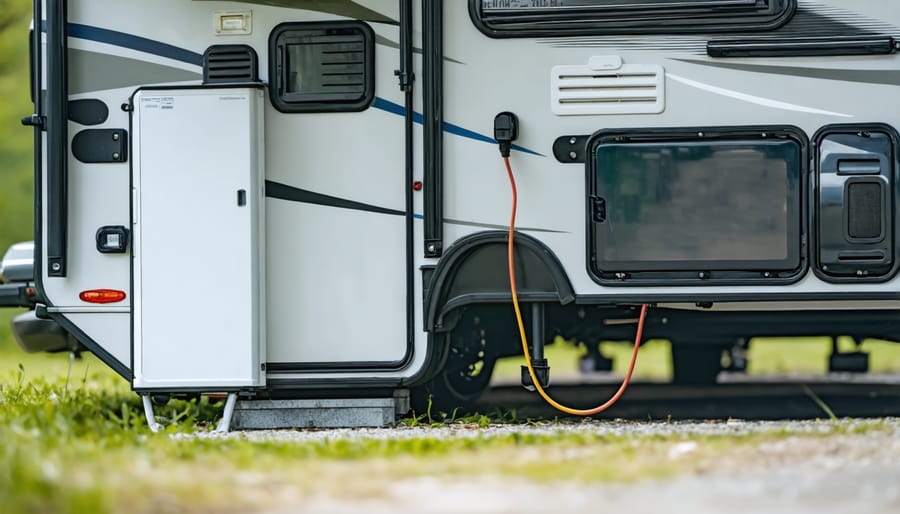 RV shore power cord connected to campground electrical pedestal