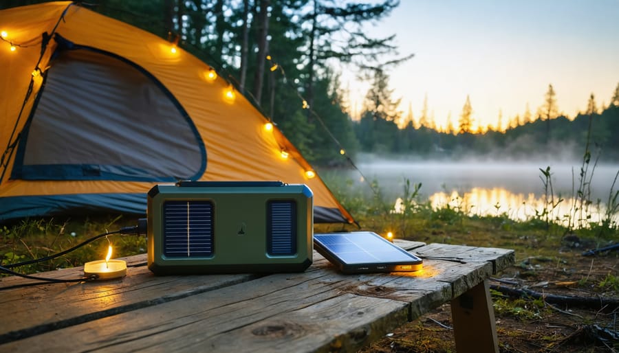 Portable lithium power station on a camp table beside a canvas tent at dawn, powering warm string lights with a foldable solar panel set up nearby; soft golden light, pine forest and lake blurred in the background, no people.