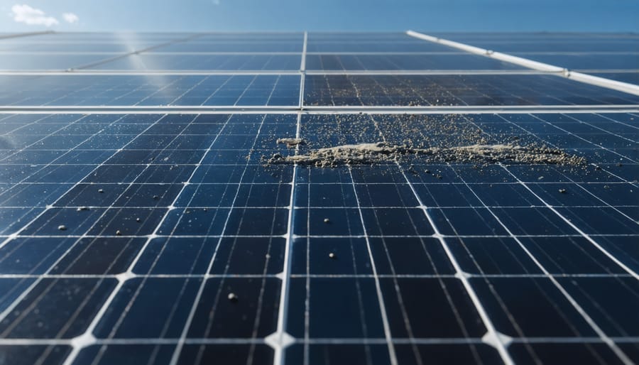 Close-up of dirty solar panel surface showing dust, pollen, and bird droppings accumulation