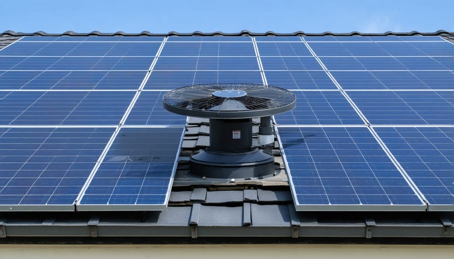 Solar-powered attic ventilation fan installed on residential roof with integrated solar panel