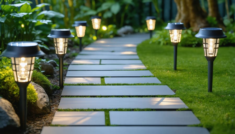 Solar-powered pathway lights illuminated along garden walkway at dusk