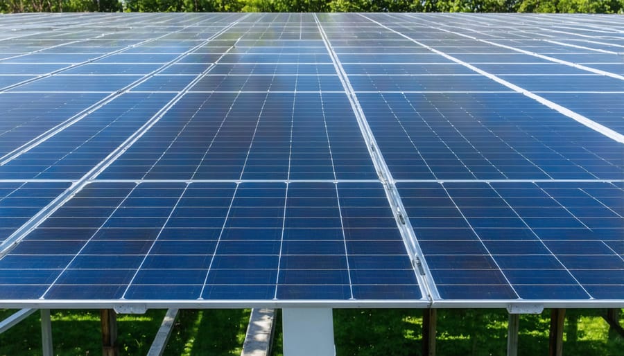 Interior view of greenhouse showing solar panels mounted on roof structure above rows of growing plants