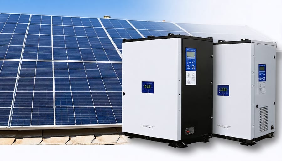 Solar inverter unit mounted on wall showing electrical connections