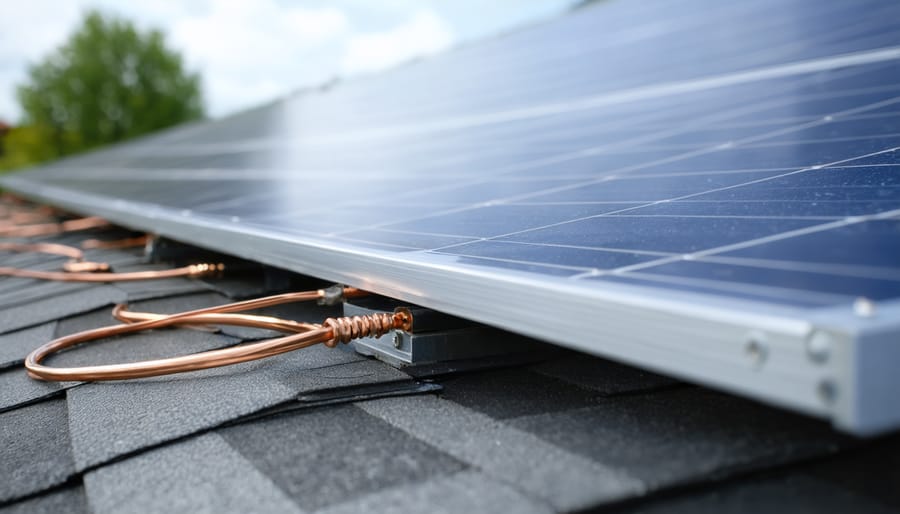 Close-up of a copper grounding wire and clamp attached to a solar panel frame on a house roof, with blurred conduit leading toward a ground rod under bright overcast light.
