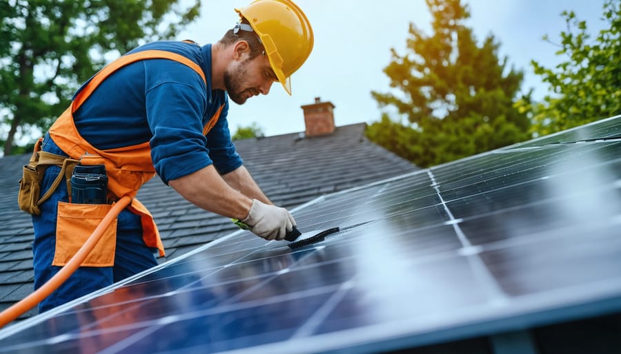 Homeowner wearing safety harness rinses residential rooftop solar panels with a garden hose and soft brush at golden hour, with a suburban neighborhood softly blurred in the background