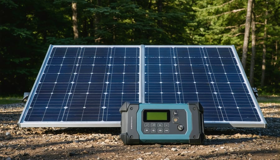 Solar panel connected to portable power station at mountain campsite with sun shining