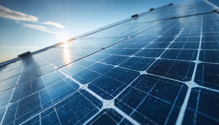 Close-up view of solar panel cells showing the silicon surface and metallic grid pattern