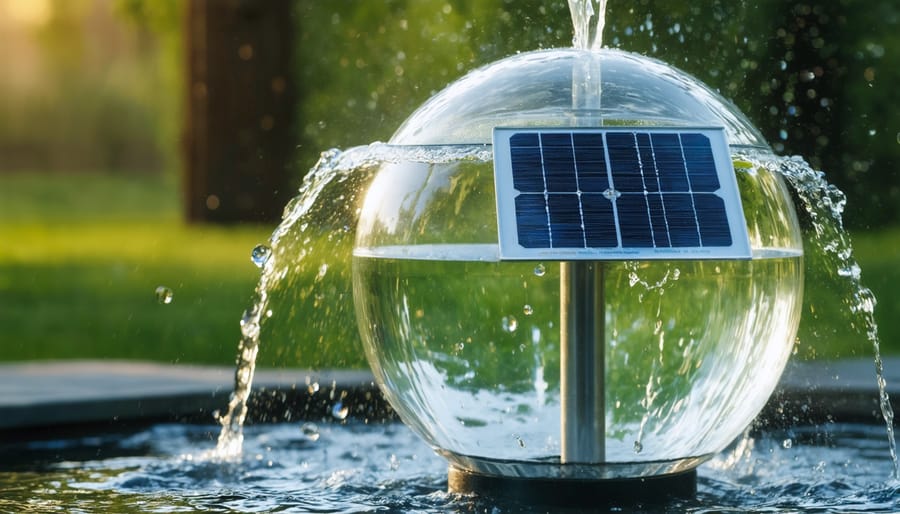 Overhead view of solar sphere building components including clear sphere, solar pump, sealant, and fountain attachments