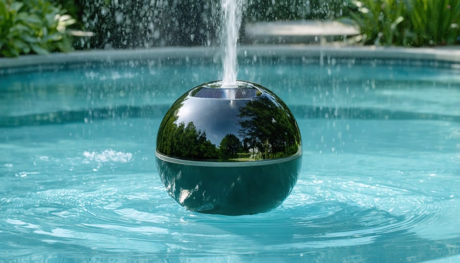 Clear acrylic sphere floating on pond water with fountain spray emerging from top