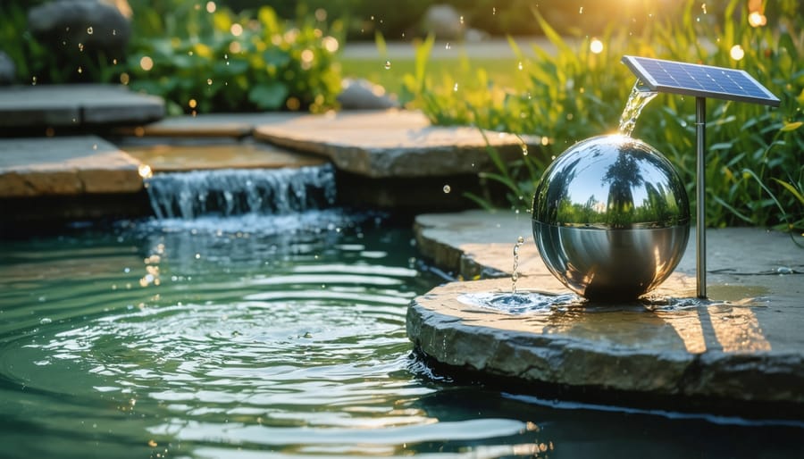 Stainless-steel solar water feature sphere with cascading water in a garden pond, small solar panel on a stake by the stone border, golden hour lighting with blurred greenery and lily pads in the background.
