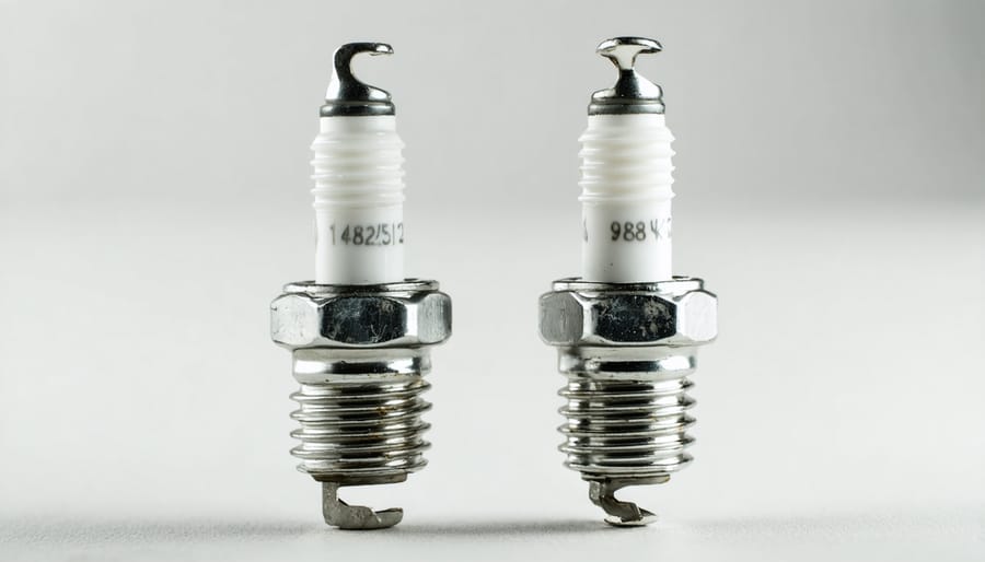 Comparison of old worn spark plug and new replacement spark plug on workbench