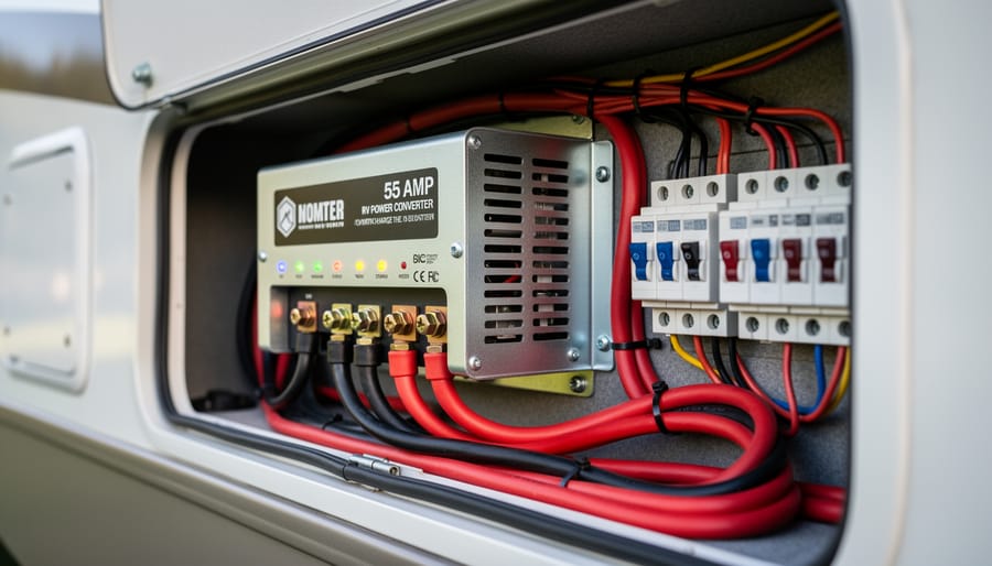 Modern 55 amp RV power converter mounted on interior wall