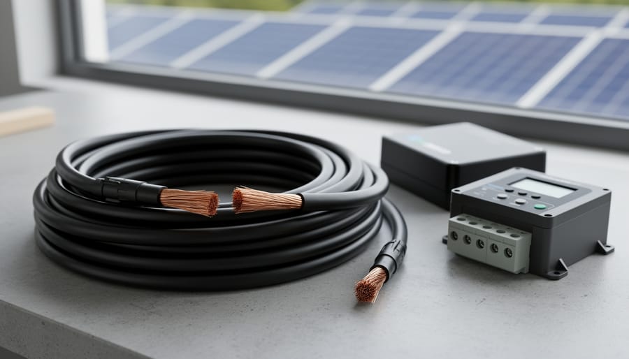 Coil of 8 AWG black PV solar wire with MC4 connectors and exposed copper strands on a workbench next to a DC breaker and charge controller, with rooftop solar panels blurred in the background, photographed from a 45-degree overhead angle in soft daylight.