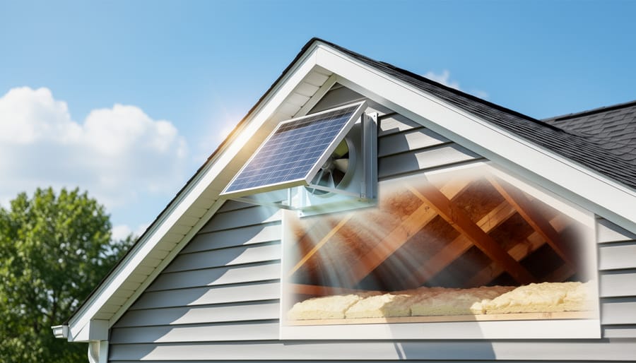 Completed solar attic fan installation on home gable with solar panel on roof