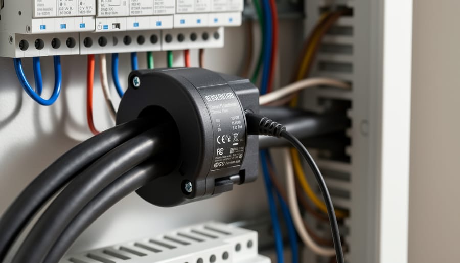 CT clamp current sensors installed on electrical cables for power monitoring