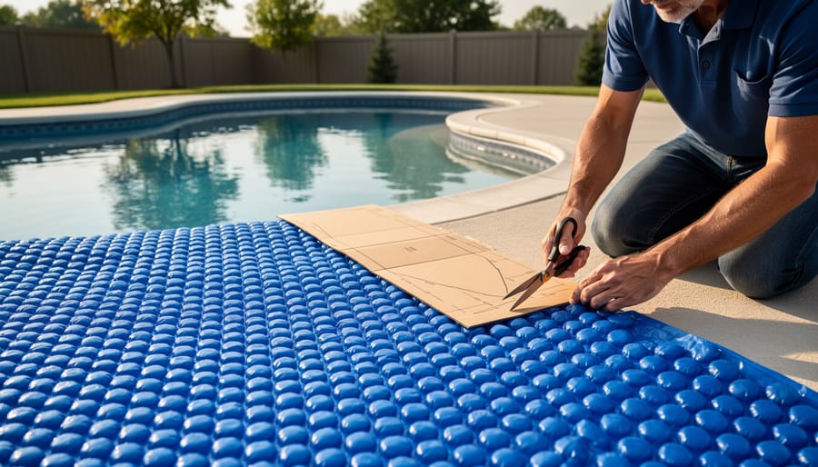 Hands cutting solar pool cover material with scissors following a curved pattern