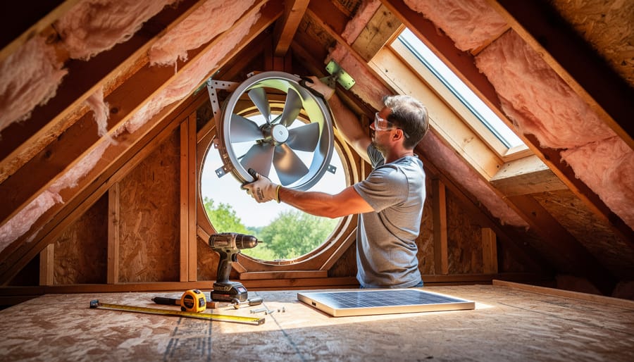 Homeowner measuring gable vent opening during solar fan installation