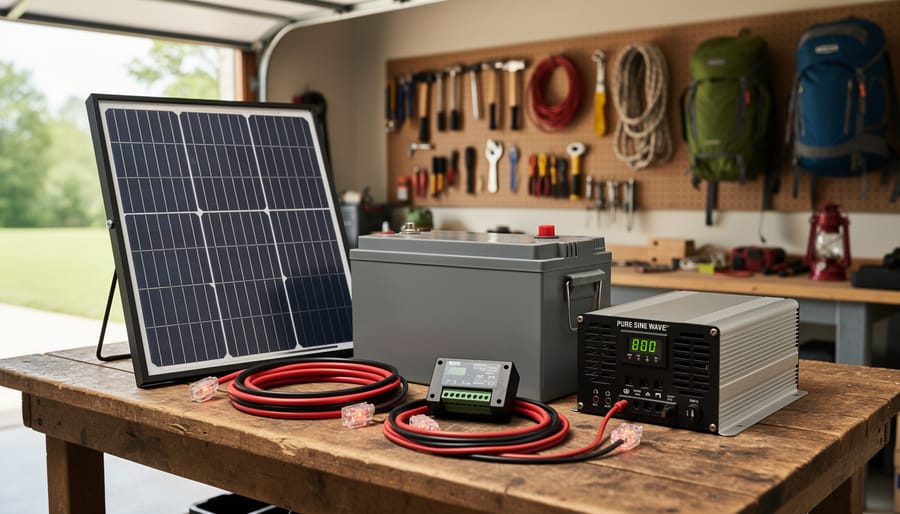 DIY solar generator components—solar panel, lithium battery, pure sine wave inverter, charge controller, and fused cables—on a wooden workbench in a garage, lit by soft daylight with blurred tools in the background.