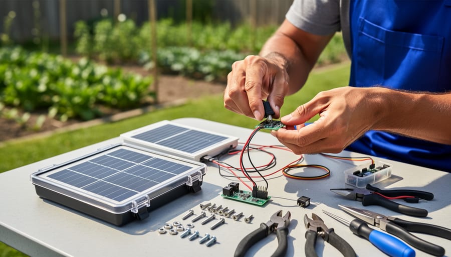 Hands holding DIY solar pest repellent device showing internal components