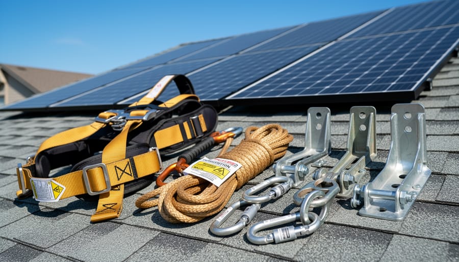 Complete fall protection equipment set laid out on residential roof including harness, lifeline, and anchors