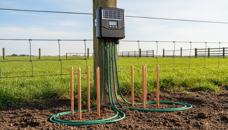 Copper ground rods installed in soil with grounding wire connected to fence charger
