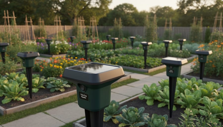 Multiple solar pest repellent devices installed throughout vegetable garden