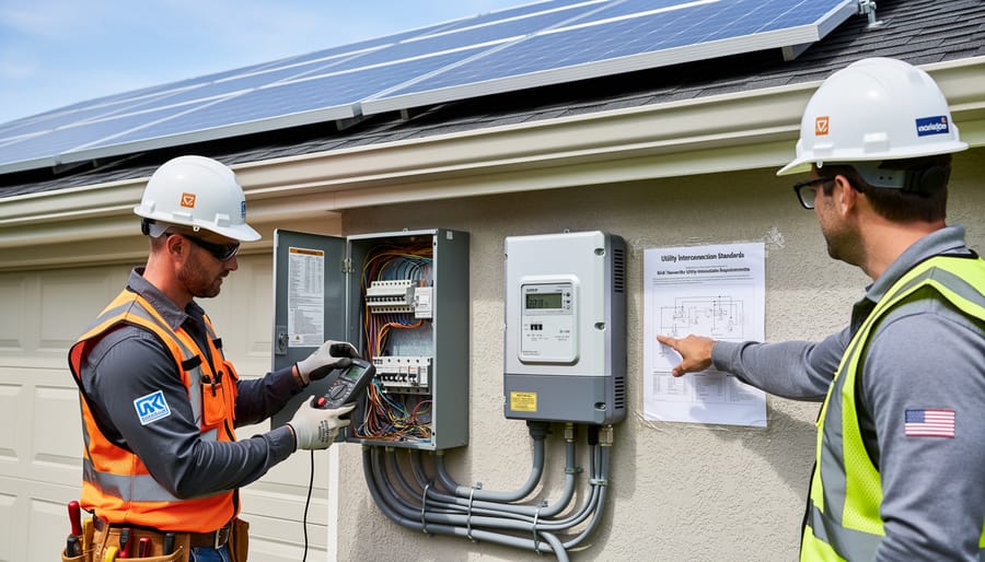 Electrician making safe electrical connections during grid-tie solar system installation