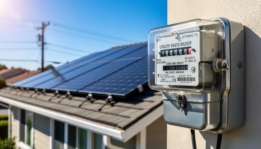 Electric meter on house exterior showing bidirectional power flow from solar system