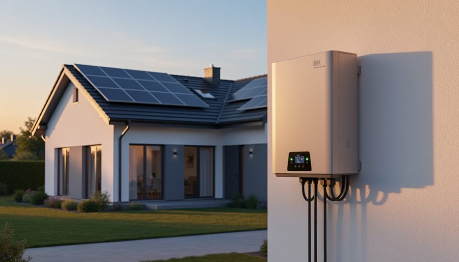 Home battery storage system mounted on wall with inverter and electrical components