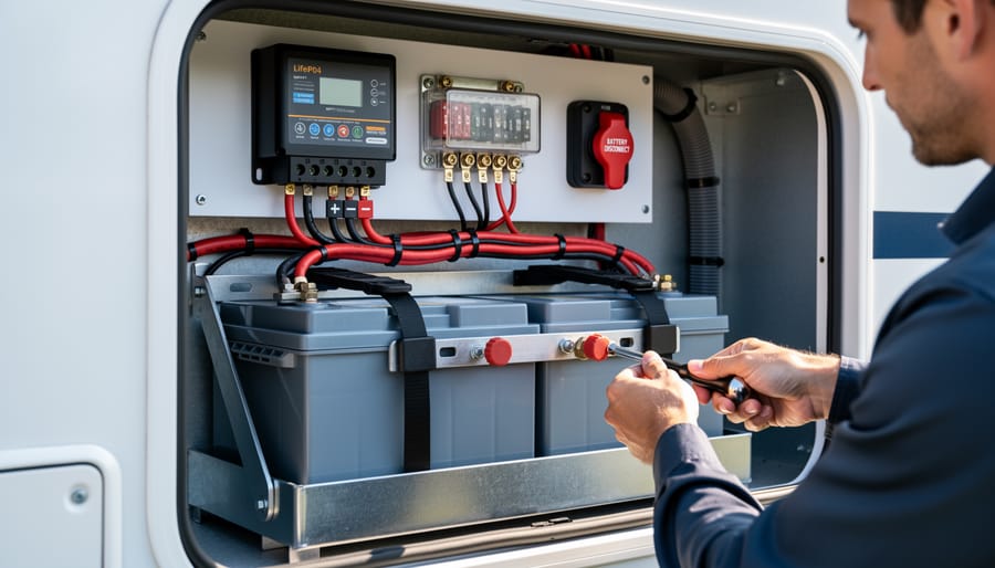Professional LiFePO4 battery installation in RV camper van with proper mounting and wiring