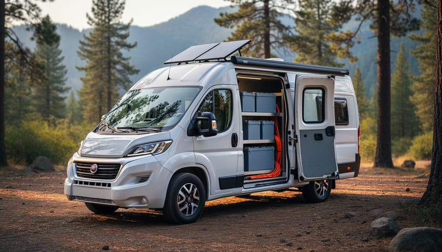 Camper van at a forest campsite with rooftop solar panels and an open side compartment showing a lithium iron phosphate battery bank with organized cabling in warm sunset light, trees and distant mountains softly visible.