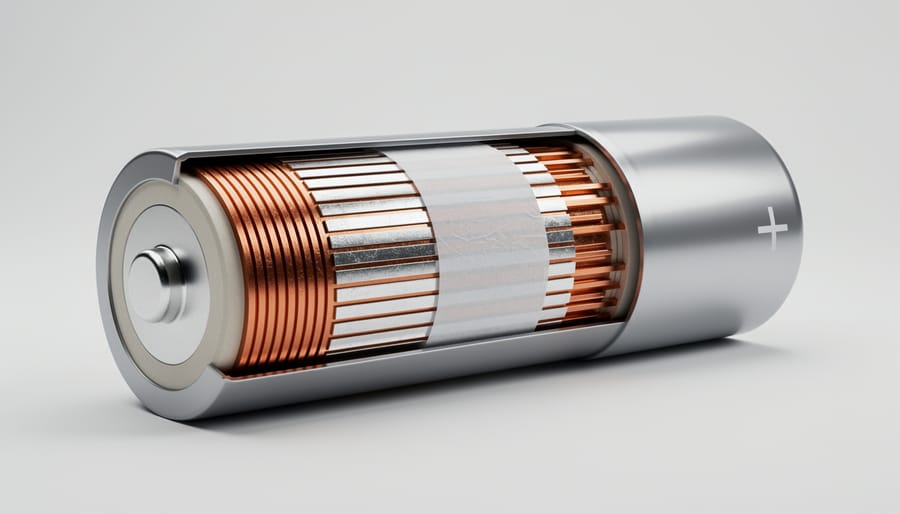 Close-up of lithium-ion battery cell internal components and layers