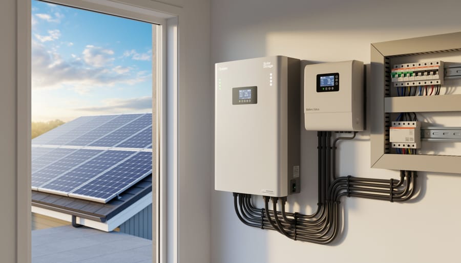 Lithium-ion battery bank mounted on cabin wall with solar charge controller