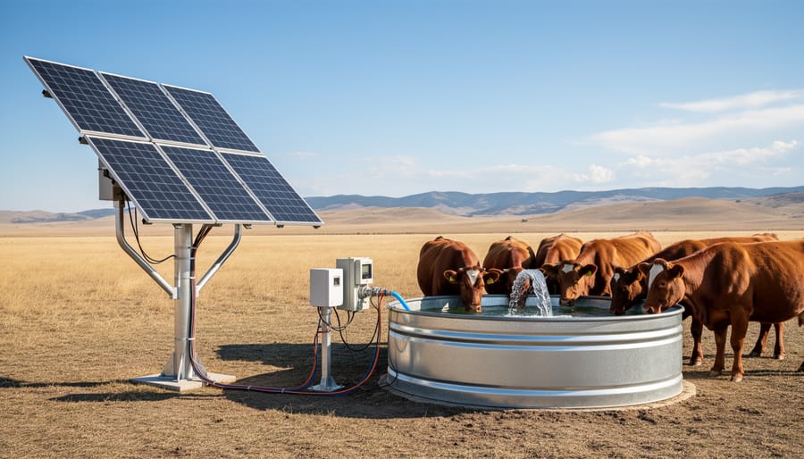 Cattle drinking from solar-powered water system in remote pasture