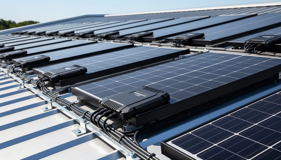 Microinverter mounted on solar panel racking system with electrical connections