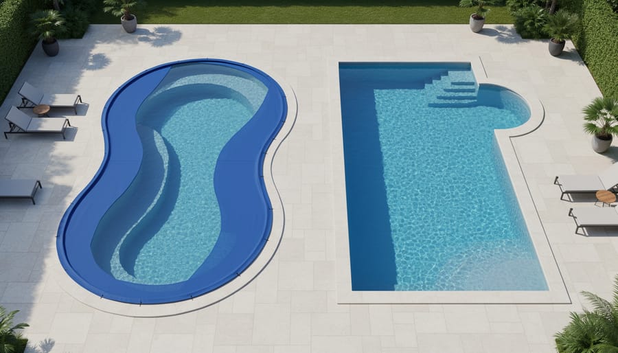 Overhead view of kidney-shaped pool with rectangular solar cover showing gaps at curved edges