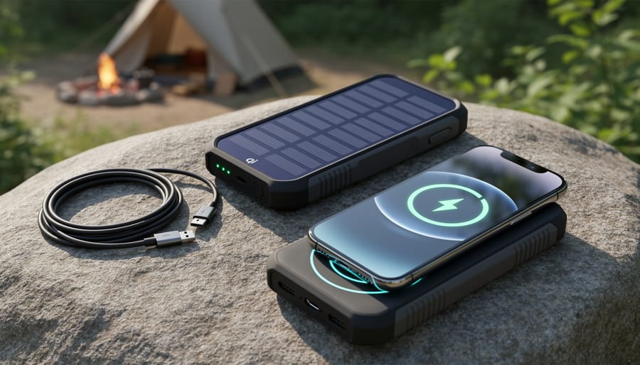 Solar power bank with integrated wireless charging pad and smartphone on outdoor camping table